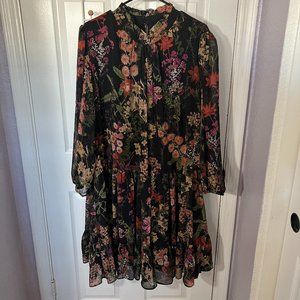 High Neck Chiffon Midi Floral Dress with Sheer Sleeves- Size 24W